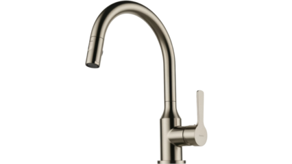 Brushed nickel kitchen faucet PNG isolated on transparent background, modern single handle pull down sprayer for home improvement