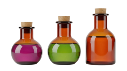 Three colorful potion bottles PNG isolated on transparent background, alchemic elixir containers for fantasy game asset and Halloween decoration