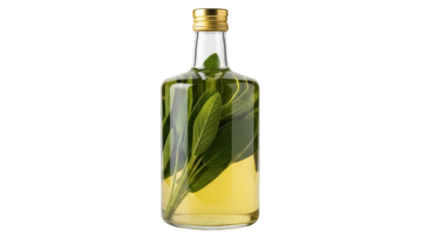 Sage infused oil in glass bottle isolated PNG, culinary herb extract for flavoring and aromatherapy on transparent background