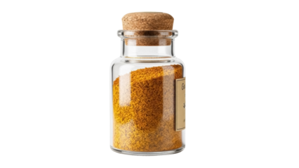 Glass jar with golden saffron spice isolated PNG, gourmet ingredient for cooking and flavoring on transparent background