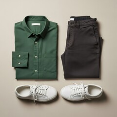 Fashionable outfit display featuring shirt, trousers, and shoes arranged neatly on a beige background from a top-down viewpoint