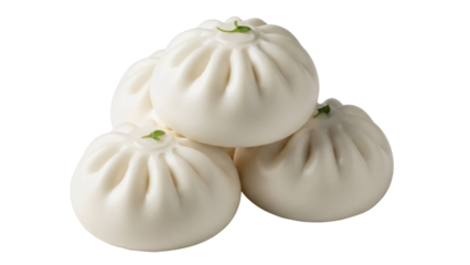 Steamed buns isolated PNG on transparent background, fluffy Chinese baozi with green garnish for Asian cuisine and food design