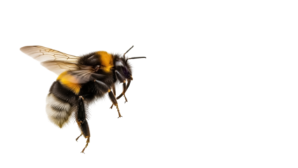 Fluffy bumblebee flying isolated PNG, detailed close-up of a fuzzy insect on transparent background, nature and wildlife concept
