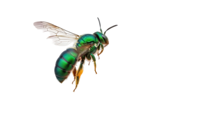 Metallic green sweat bee PNG isolated on transparent background, vibrant insect with iridescent body and delicate wings, nature