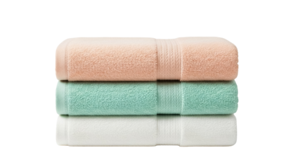 Stack of three soft cotton towels isolated on transparent background, pastel colored bath linens for spa, bathroom and home decor use