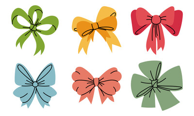 Set of flat colorful bows with ribbons and contours. Decorative present collection for festive holiday greeting cards, seasonal gift wrapping, or winter celebration graphic design