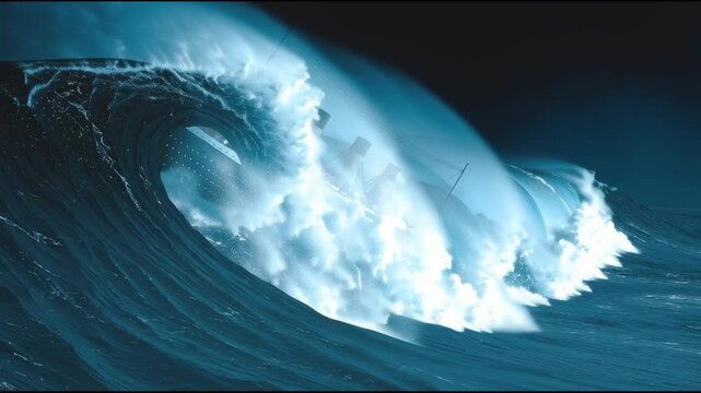 A huge ocean wave engulfs a sinking transatlantic liner. A dramatic scene of a shipwreck in a stormy sea at night. The concept of disaster, the power of nature, and danger.