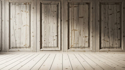 Naklejka premium Wide panoramic view of old wood wall texture and minimalist wooden floor, classic interior backdrop