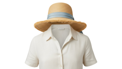 Elegant straw sun hat with blue ribbon and linen shirt isolated PNG, summer fashion apparel on transparent background