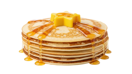 Stack of golden pancakes with butter and dripping syrup isolated PNG, delicious breakfast dessert for food design and culinary projects