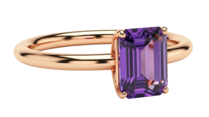 Elegant rose gold ring with purple amethyst isolated PNG, gemstone jewelry for fashion and gifts on transparent background