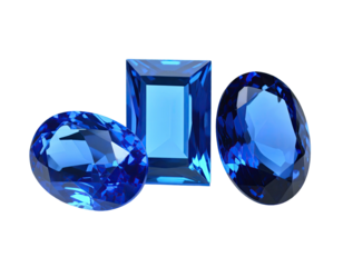 Three glittering blue gemstones of different cuts on black background