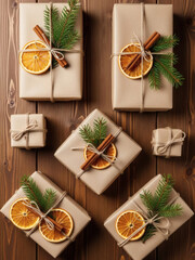 Christmas gift boxes wrapped in craft paper with dried orange and cinnamon on wooden background