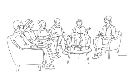 High-quality black continuous line art of group therapy session for seniors with therapist leading, mental health support, elderly care, rehabilitation, healthcare wellness illustration