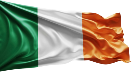 Waving flag of Ireland isolated PNG on transparent background, national symbol of Irish patriotism and independence day celebration