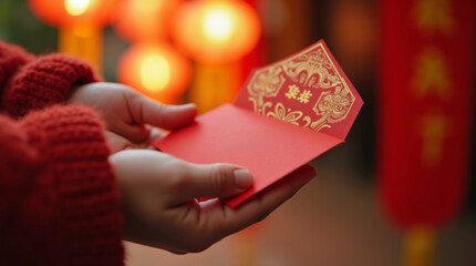 Close-up of hands holding red paper envelope with gold decorative pattern; warm lantern bokeh background, soft light, shallow depth of field and visible paper texture