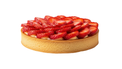 Delicious strawberry tart isolated PNG on transparent background, sweet dessert with fresh fruit and creamy filling for patisserie and bakery use