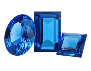Three faceted blue gemstones on a black background, various cuts