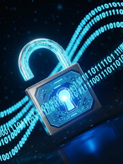 Futuristic open padlock with glowing blue circuit board texture and binary code streams for cybersecurity concept