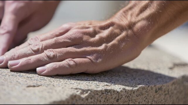A professional craftsman works with natural stone. A close-up of the craftsman's hands touches the rough surface of the granite.