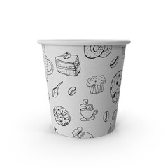 paper coffee cup with a hand-drawn illustration pattern.