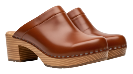 Pair of brown leather clogs isolated PNG on transparent background, stylish women s footwear with wooden platform heel for fashion