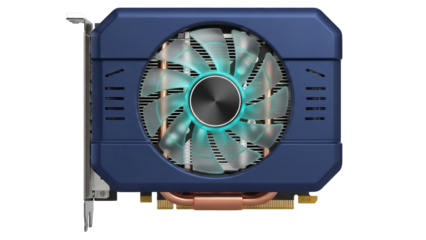 Blue graphics card with fan isolated PNG on transparent background, computer component for gaming and cryptocurrency mining