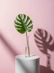 Fresh green monstera leaf in a clear vase on a white pedestal casting a bold shadow on a pink wall