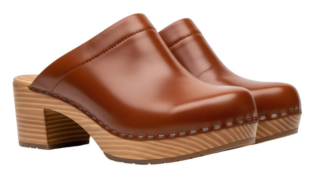 Pair of brown leather clogs isolated PNG on transparent background, stylish women s footwear with wooden platform heel for fashion