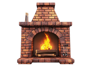 Cozy brick fireplace with burning logs and poker tools