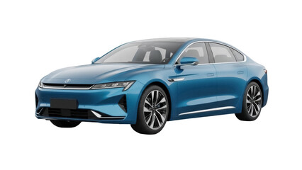Obraz premium Sleek blue electric sedan car isolated PNG, modern vehicle design for eco-friendly transportation and automotive concepts