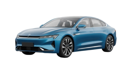 Sleek blue electric sedan car isolated PNG, modern vehicle design for eco-friendly transportation and automotive concepts