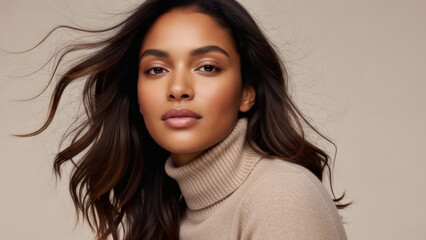 Elegant portrait of a young woman with beautiful skin, windswept dark hair, and a stylish beige turtleneck sweater