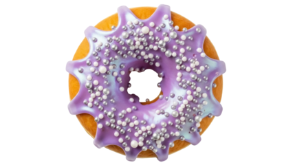 Delicious donut with purple frosting and silver sprinkles isolated PNG, sweet treat for bakery and confectionery designs