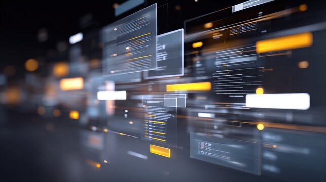 Abstract futuristic digital interface with floating data panels and glowing code snippets on a dark background representing software development and big data visualization - Powered by Adobe