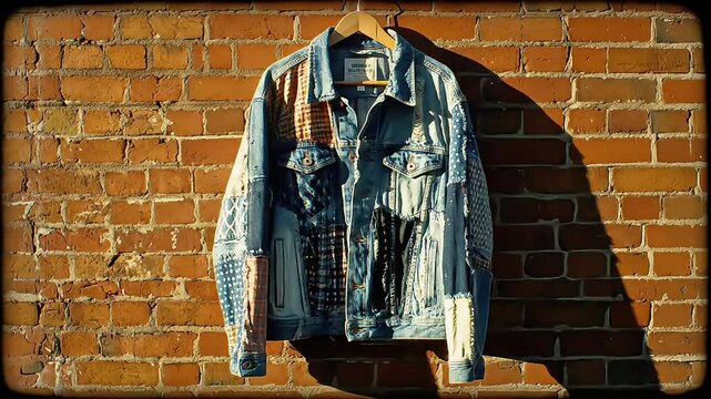 Denim Jacket Hanging on a Brick Wall in Sunlight with Long Shadows.