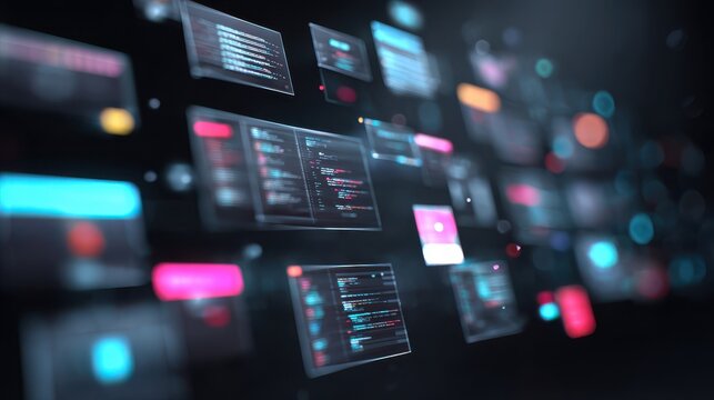 Abstract display of multiple floating screens showing code and data on a dark background - Powered by Adobe