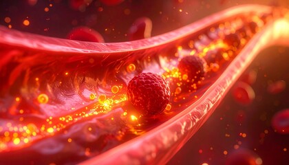 Vibrant 3D rendering of a human blood vessel, showing red blood cells and harmful plaque, illustrating arterial blockages and crucial circulatory health