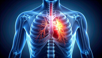 Human Heart Attack Pain Glowing in 3D Chest Anatomy with Blue Skeletal Structure