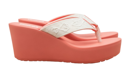 Coral wedge flip flops PNG isolated on transparent background, summer footwear with white straps for beach fashion and vacation style