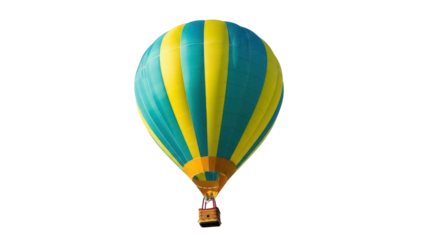 Colorful hot air balloon PNG isolated on transparent background, yellow and blue striped aerostat for travel and adventure