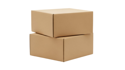 Two brown cardboard boxes stacked isolated PNG, packaging containers for shipping and storage on transparent background