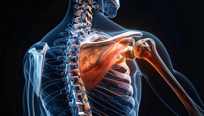 Detailed 3D medical illustration of human shoulder joint, collarbone, and upper arm showing anatomical structure with focus on pain or injury, representing musculoskeletal health issues