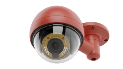 Red dome security camera isolated PNG, surveillance system for safety and protection on transparent background