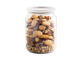 Delicious cookies and nuts in a clear glass jar