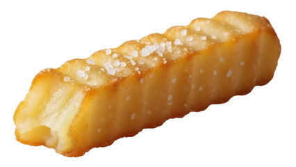 Golden brown french fry isolated PNG on transparent background, crispy potato chip with salt for fast food and snack concepts