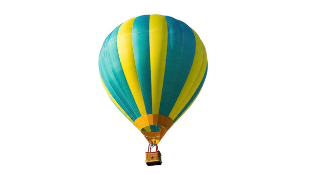 Colorful hot air balloon PNG isolated on transparent background, yellow and blue striped aerostat for travel and adventure