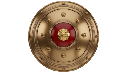 Golden Spartan shield with lion emblem isolated PNG, ancient Greek hoplite armor for historical reenactment and fantasy game asset