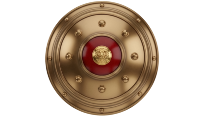 Golden Spartan shield with lion emblem isolated PNG, ancient Greek hoplite armor for historical reenactment and fantasy game asset