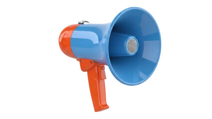 Blue and orange megaphone PNG isolated on transparent background, bullhorn loudspeaker for...